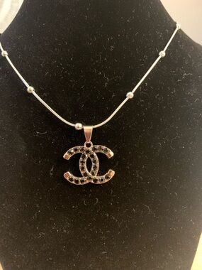 Black Crystal Double-C Logo Pendant Necklace - Designer Style